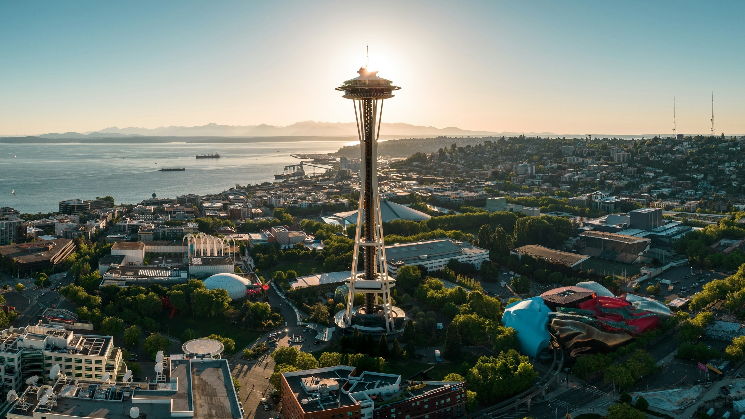 Full Space Needle and Seattle skyline across Elliott Bay