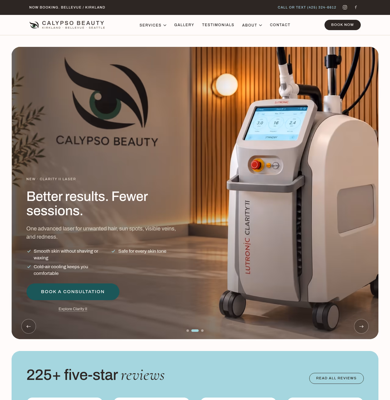 Rebuilt Calypso Beauty homepage with a full-width hero, Book Now button, and services menu