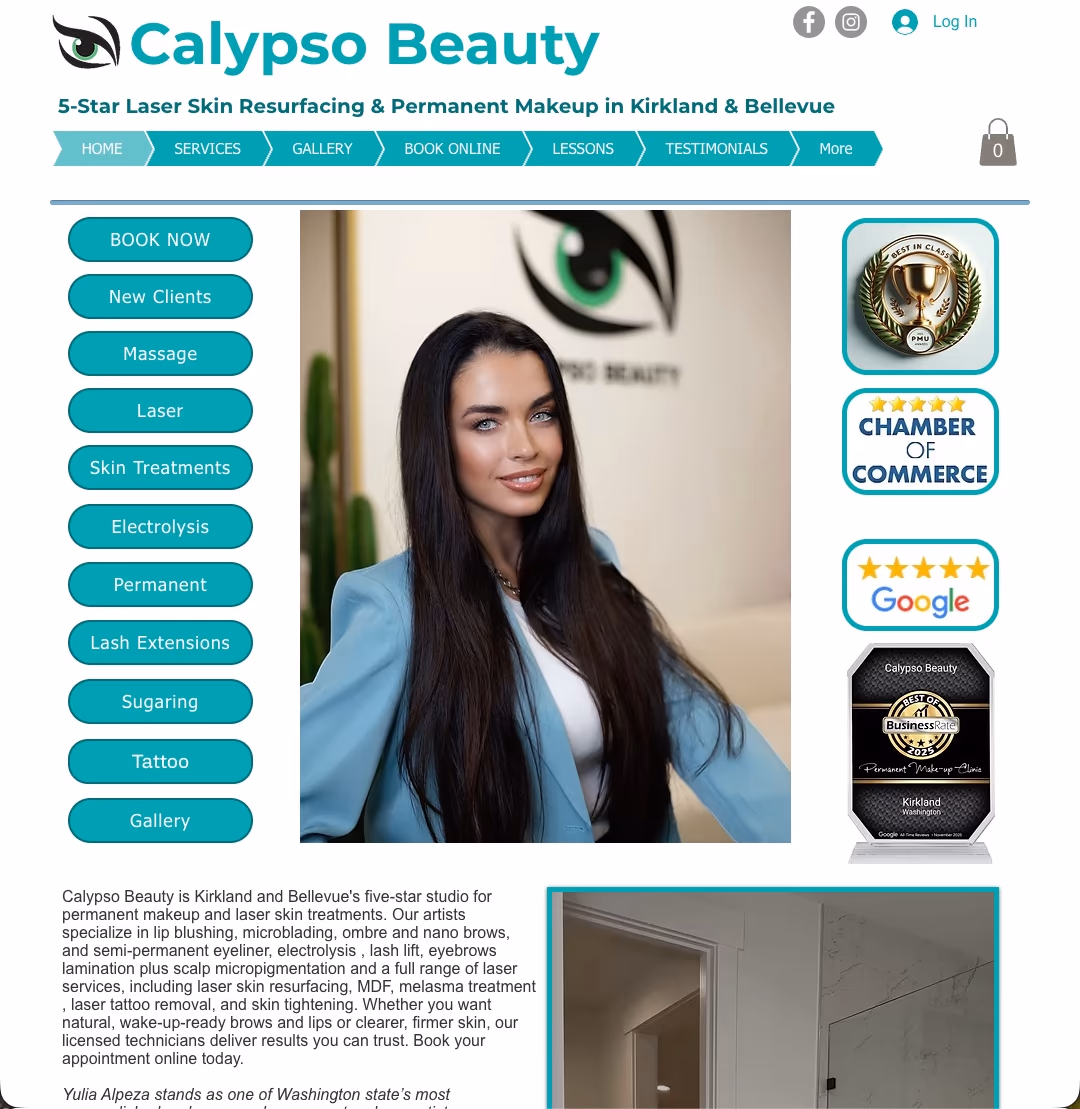 The old Calypso Beauty homepage, with a column of service buttons, badge images, and a single photo
