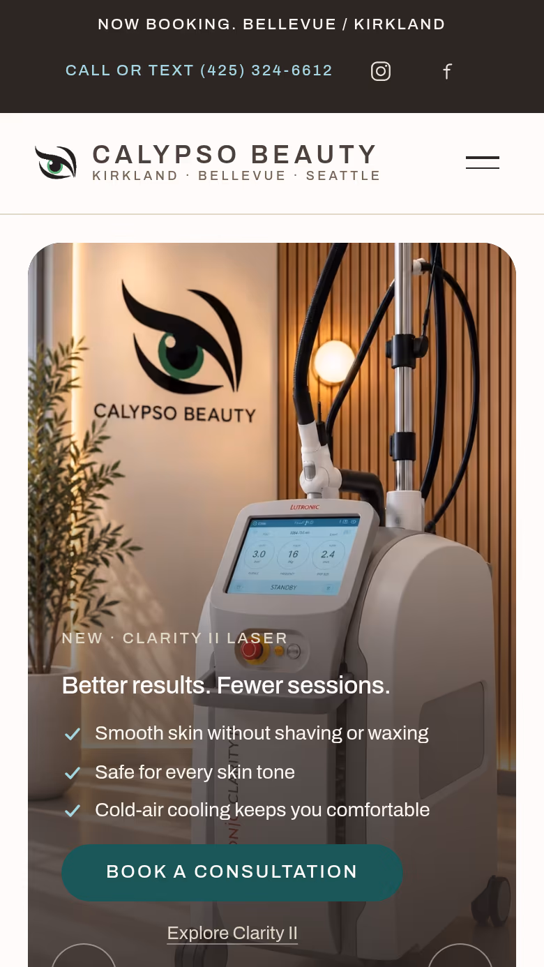Rebuilt Calypso Beauty homepage with a full-width hero, Book Now button, and services menu