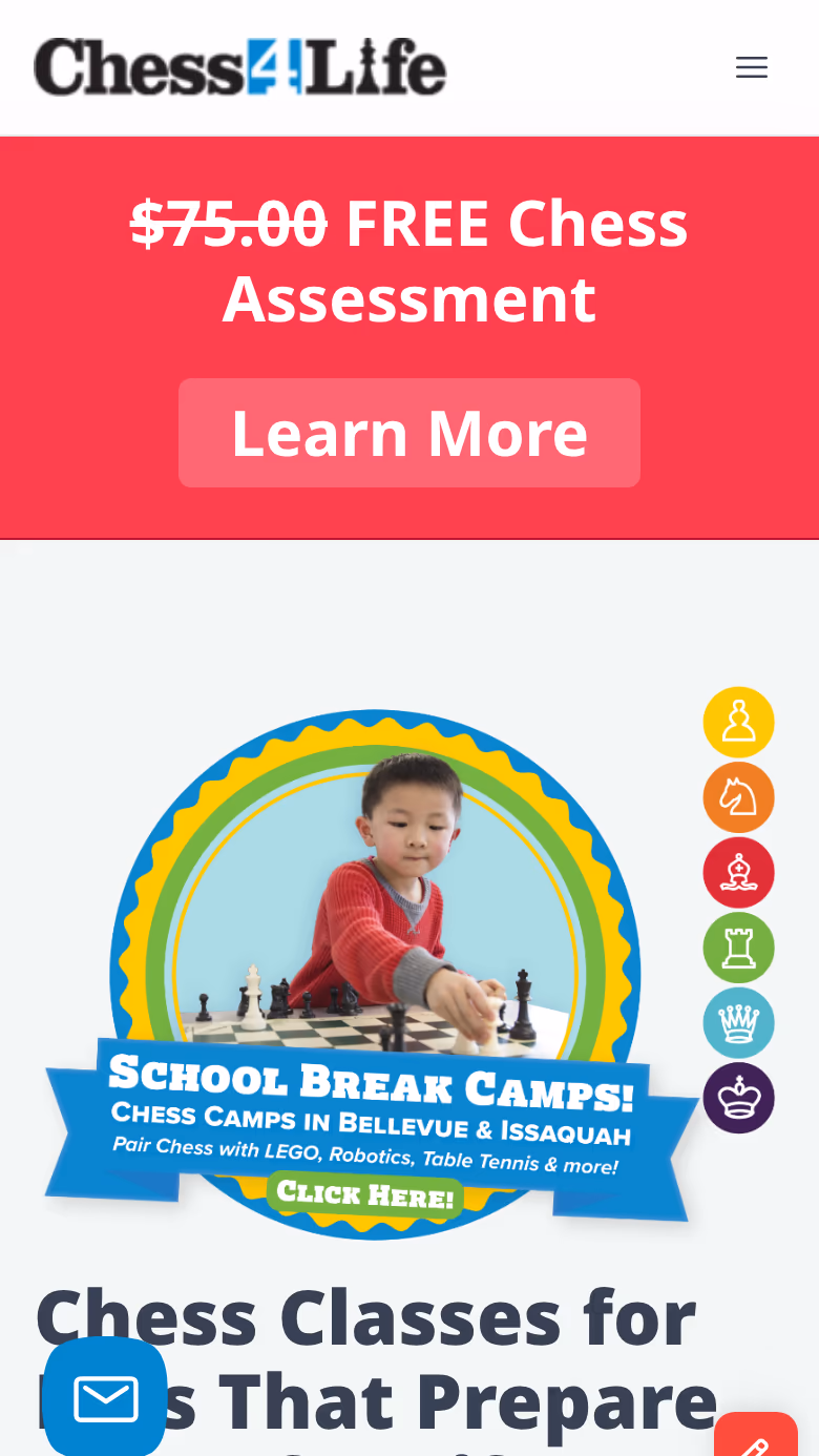 The chess4life.com homepage, with the headline Chess Classes for Kids That Prepare Them for Life and a Start Today button