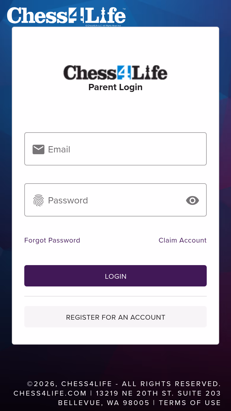 The Chess4Life parent portal login screen