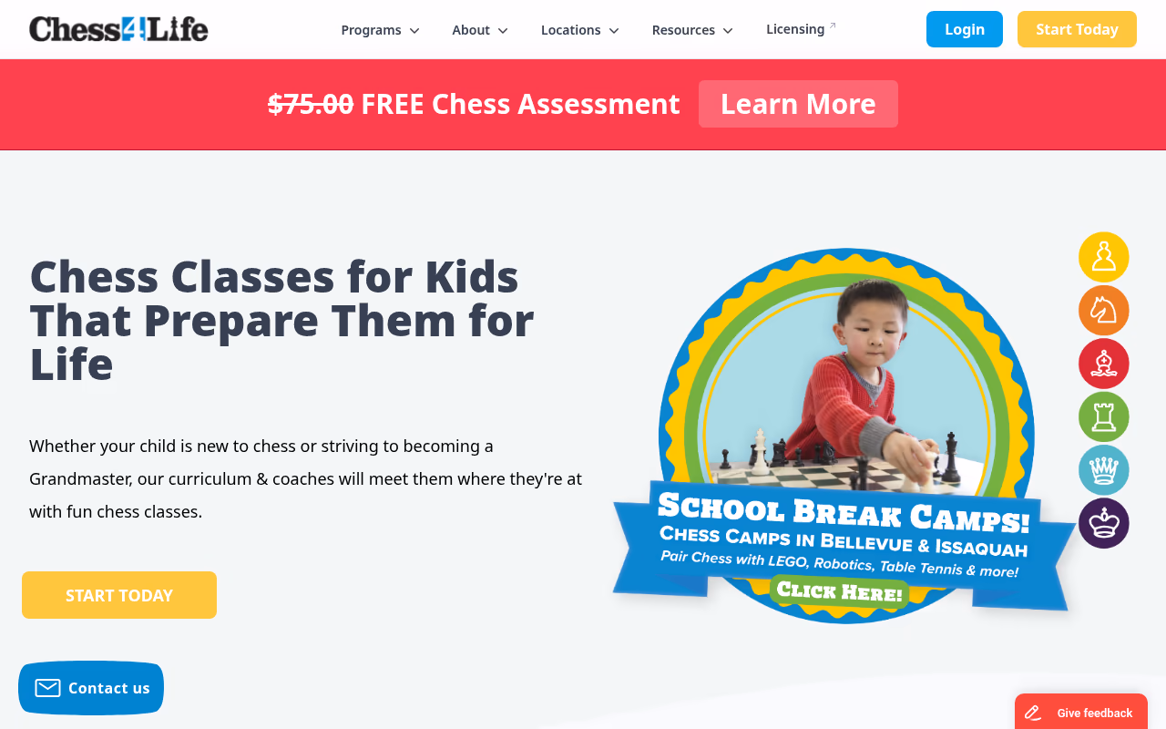 The chess4life.com homepage, with the headline Chess Classes for Kids That Prepare Them for Life and a Start Today button