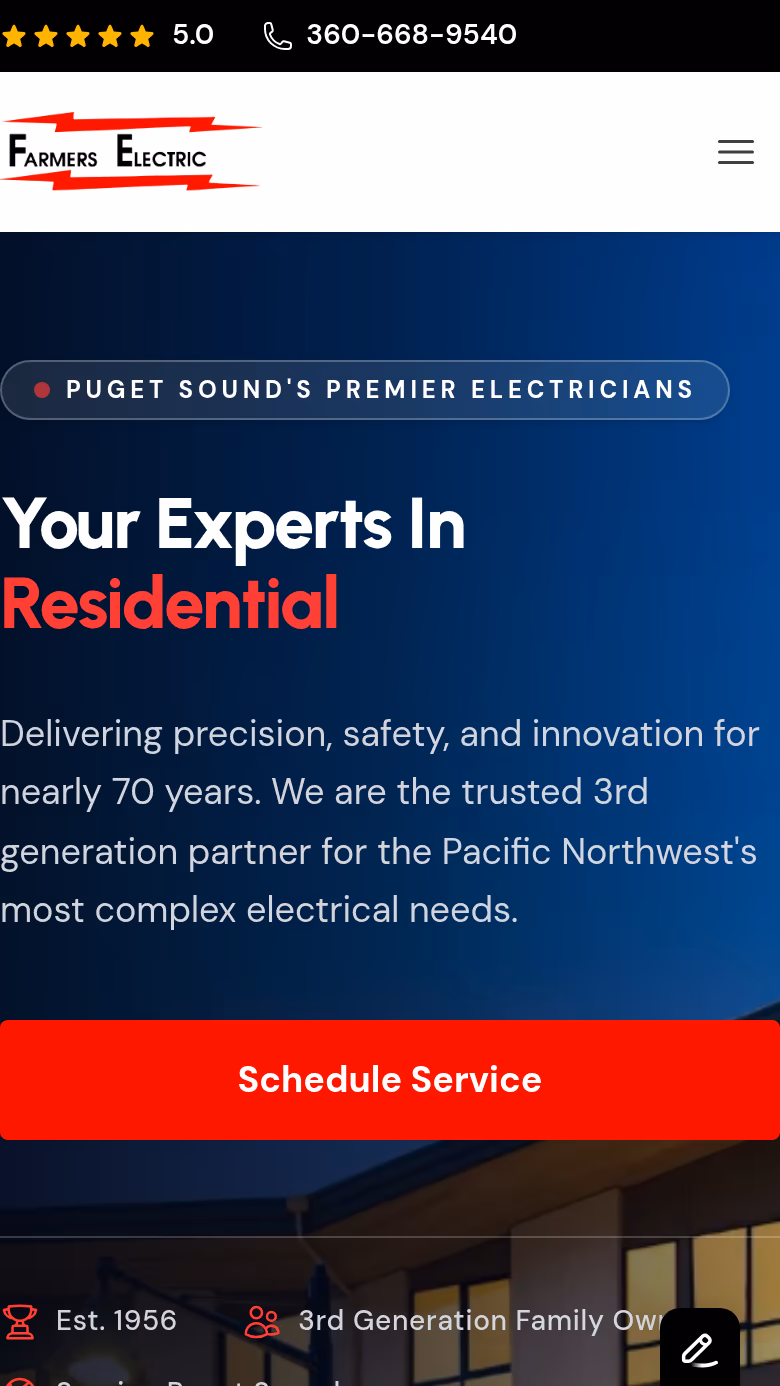 Farmers Electric homepage with residential electrical hero and service panel