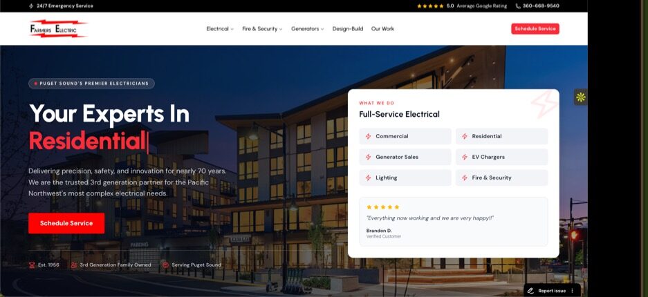 Farmers Electric homepage with residential electrical hero and service panel