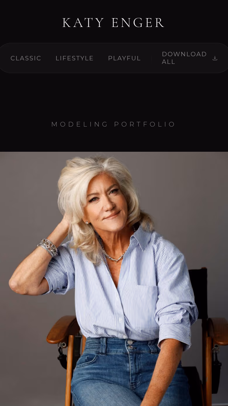 Katy Enger portfolio homepage with Modeling Portfolio hero and gallery categories