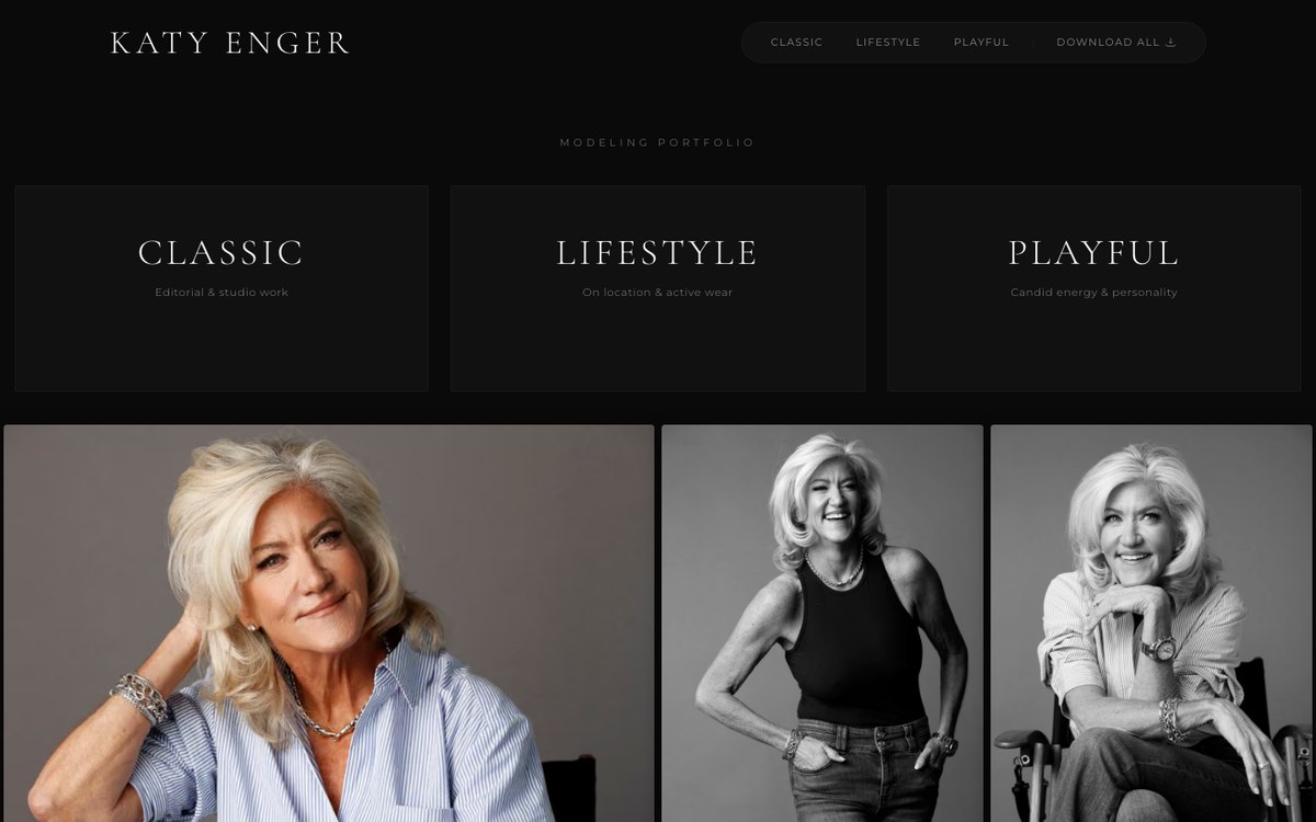 Katy Enger portfolio homepage with Modeling Portfolio hero and gallery categories