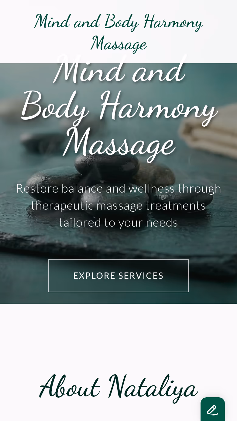 Mind and Body Harmony Massage homepage with spa-stone hero, Explore Services CTA, and Kirkland and Kent locations
