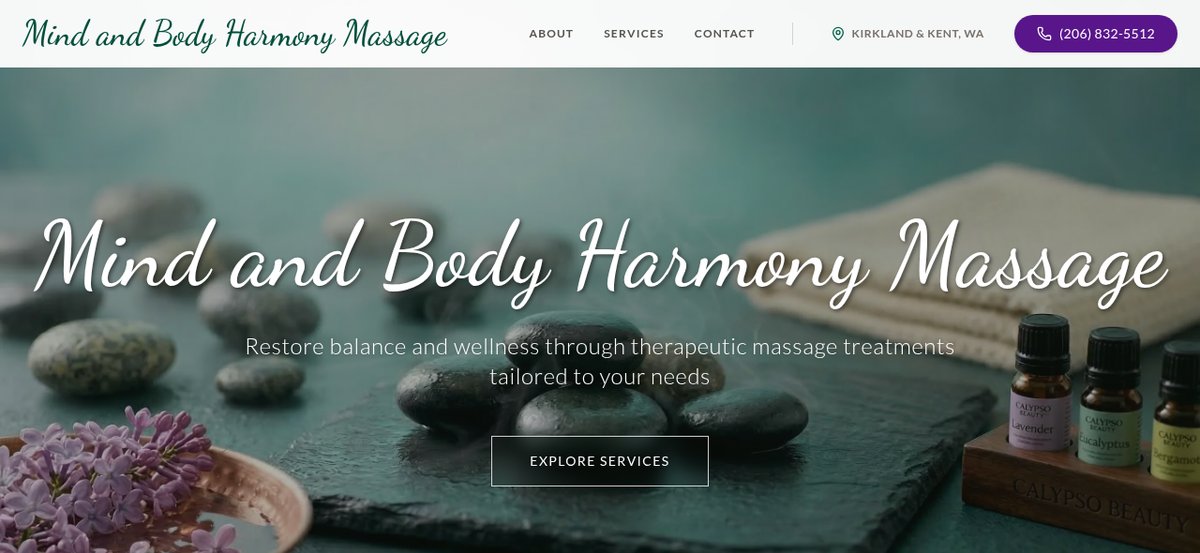Mind and Body Harmony Massage homepage with spa-stone hero, Explore Services CTA, and Kirkland and Kent locations