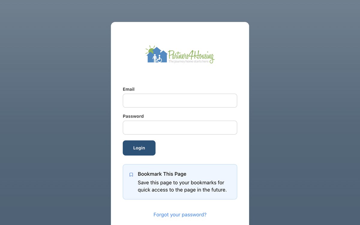 Partners4Housing member portal login at portal.partners4housing.com with email and password fields, a Login button, and a bookmark reminder