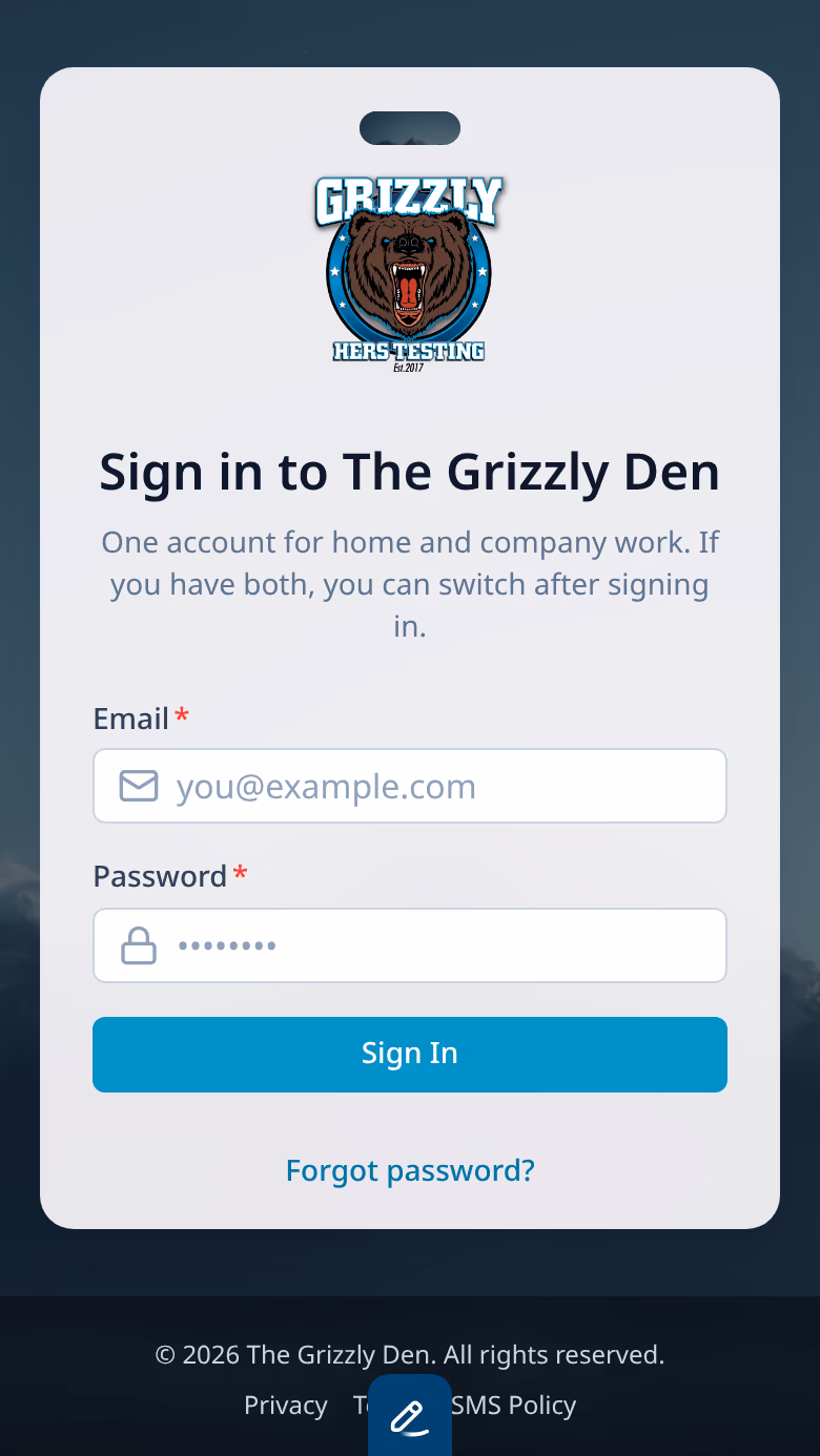 The Grizzly Den public sign-in page with email and password fields, a Sign In button, and a Create an account control on a mountain background