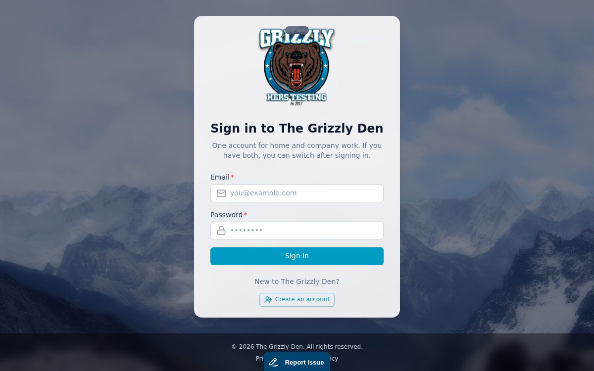 The Grizzly Den public sign-in page with email and password fields, a Sign In button, and a Create an account control on a mountain background