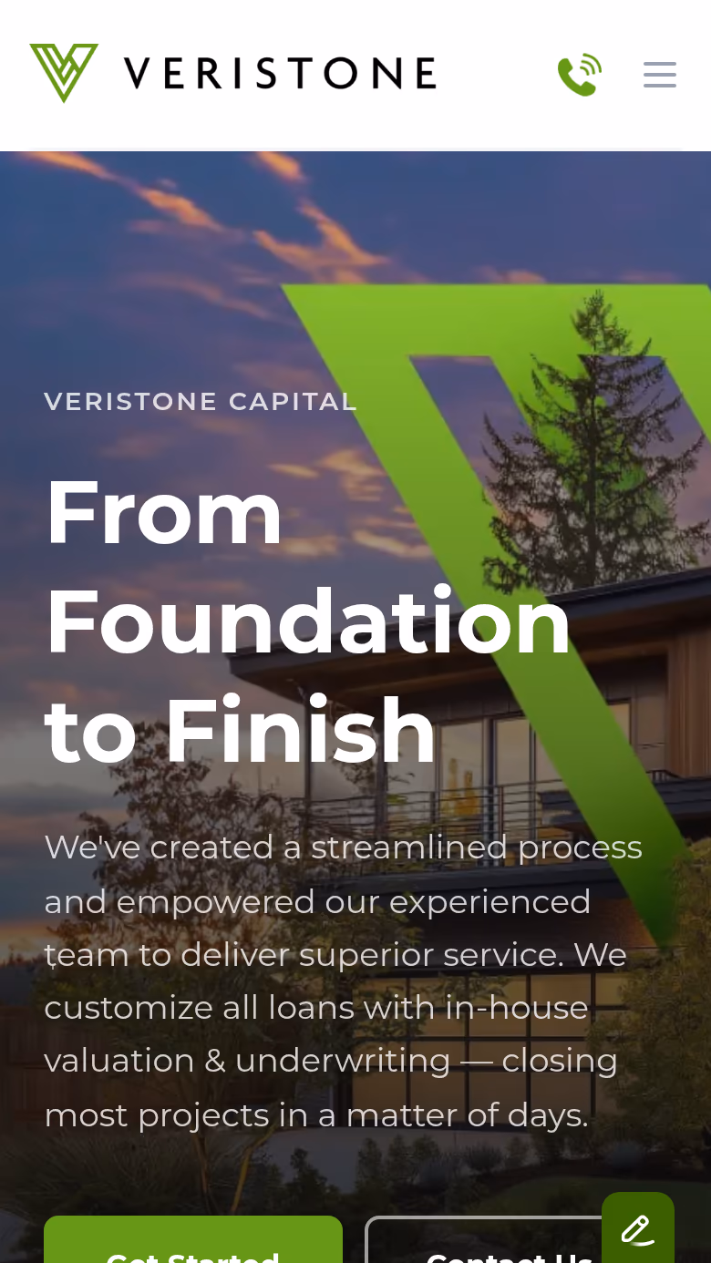 Veristone Capital homepage with modern home hero and green brand mark overlay
