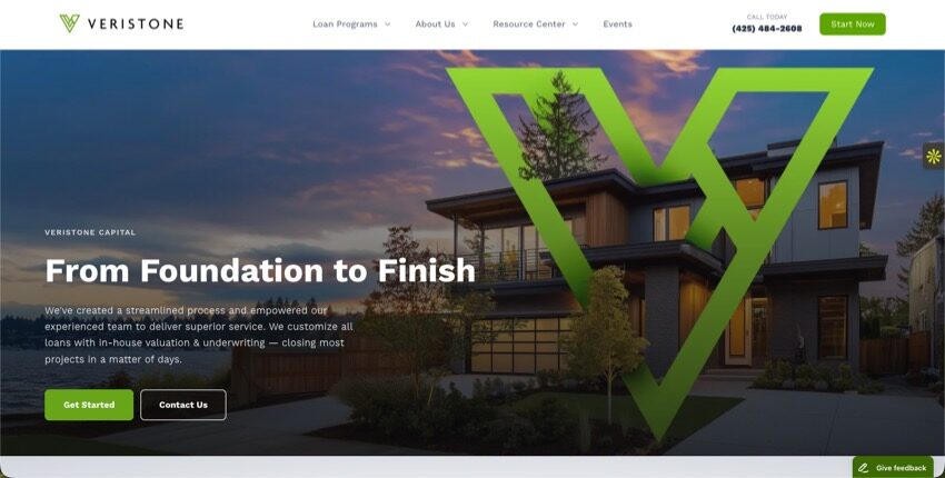 Veristone Capital homepage with modern home hero and green brand mark overlay