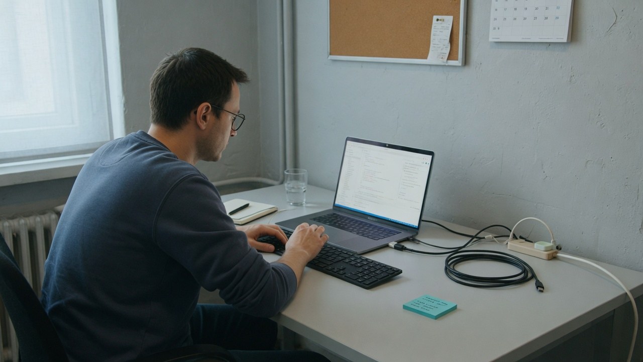 Two colleagues reviewing AI-assisted writing on a laptop in a bright office