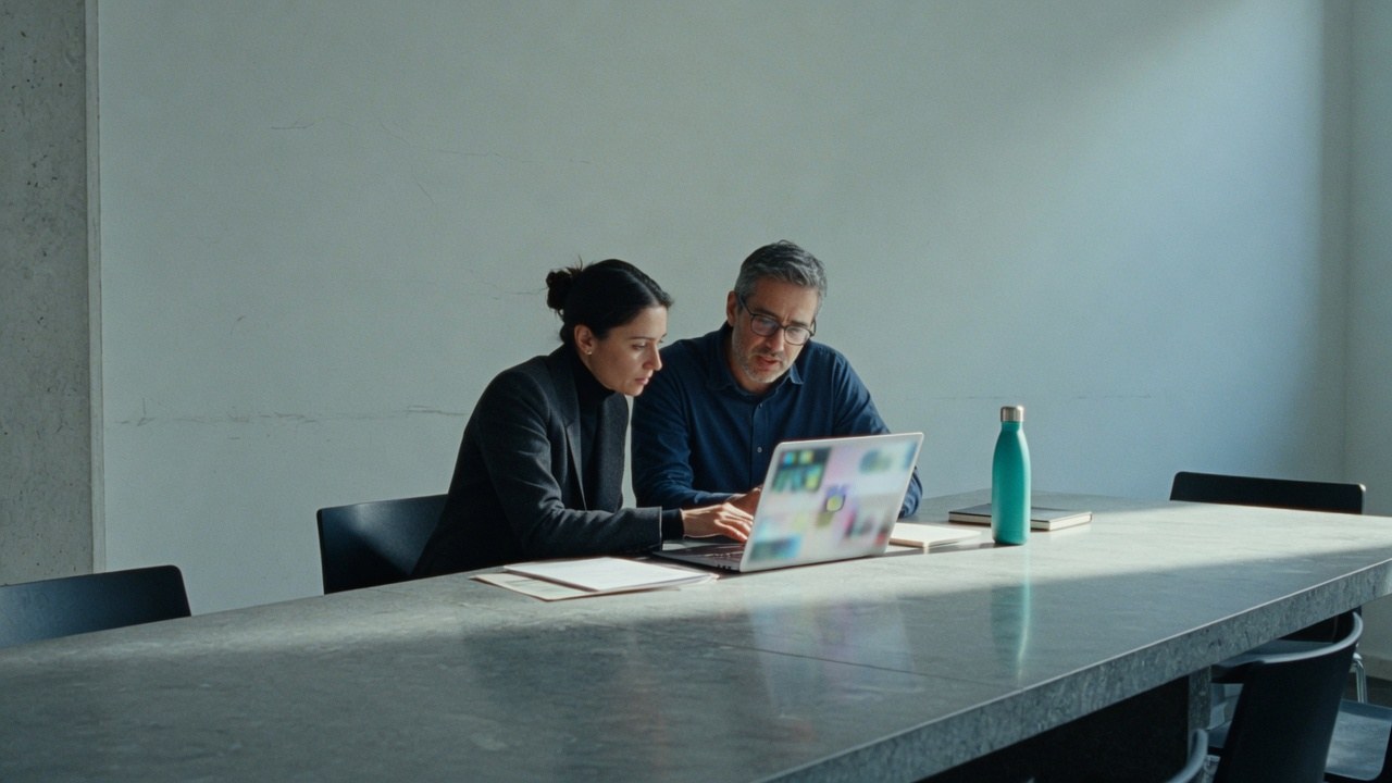 Consultant and client mapping a process on a glass whiteboard in a modern office
