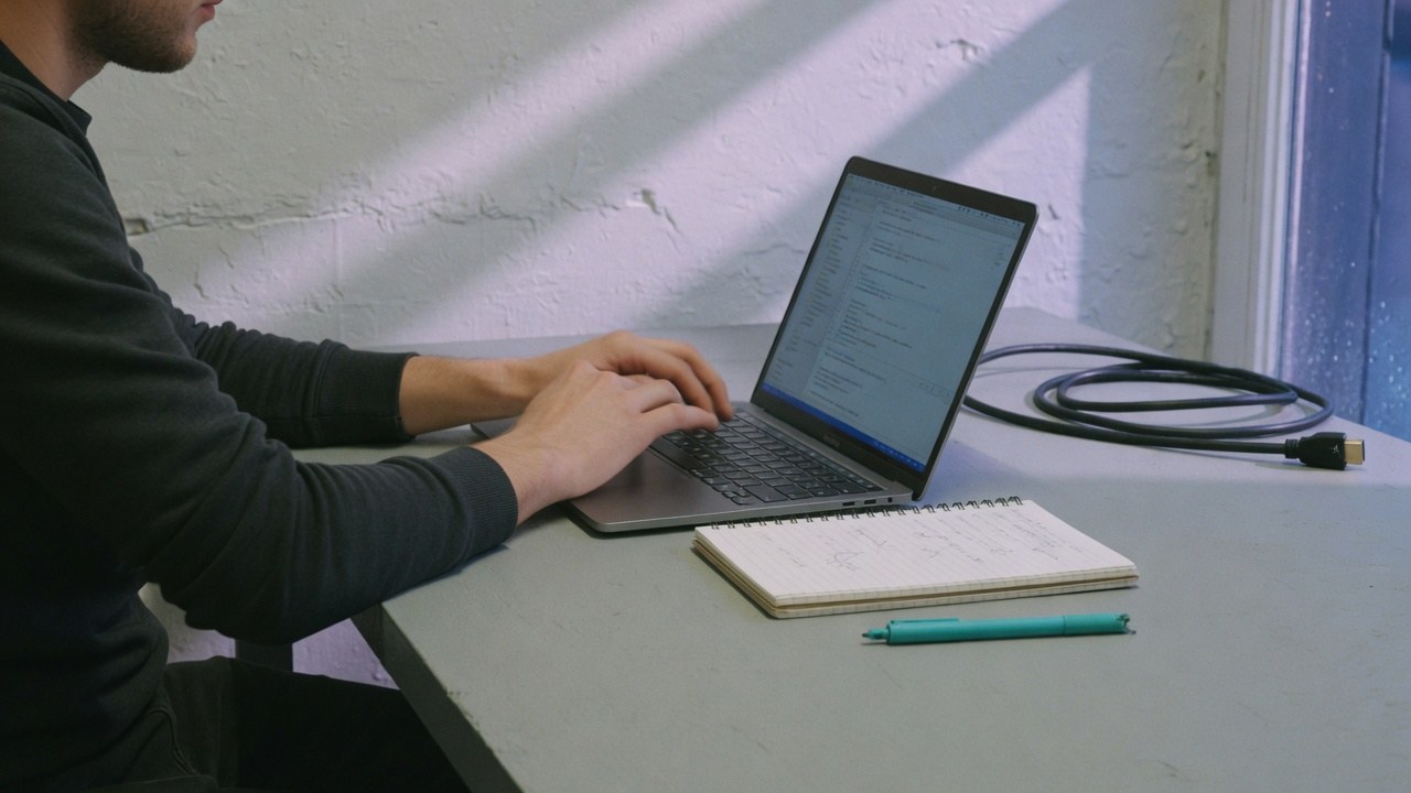 Engineer at a dual-monitor desk in a modern office wiring two systems together