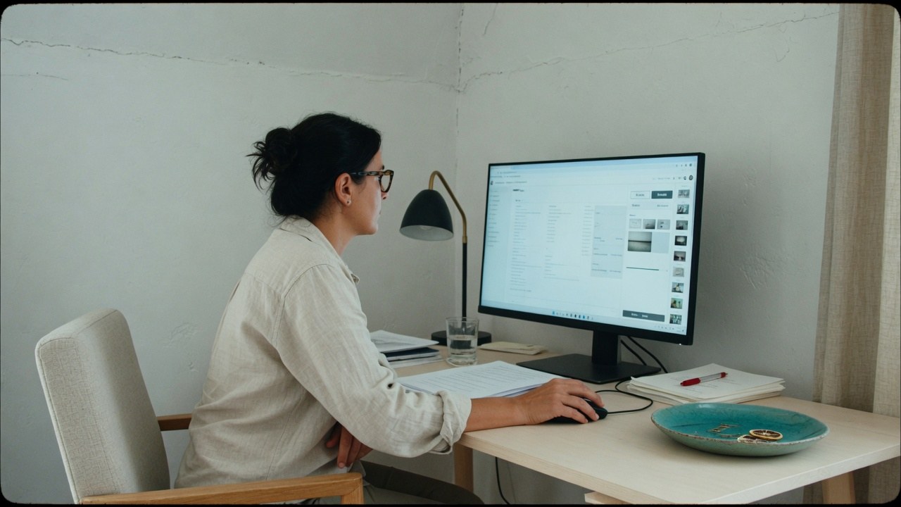Editor updating a web page at a standing desk in a bright office