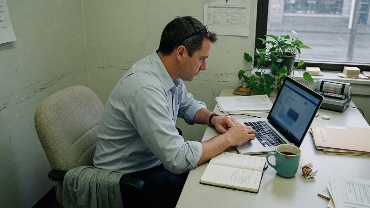 Sales lead reviewing a pipeline board on a laptop in a modern office