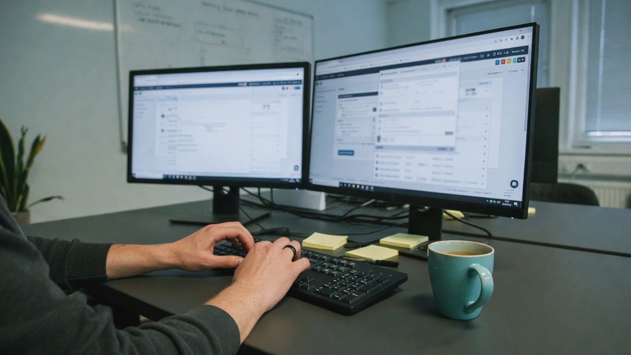 A signed-in client portal on a large display in a bright Seattle office