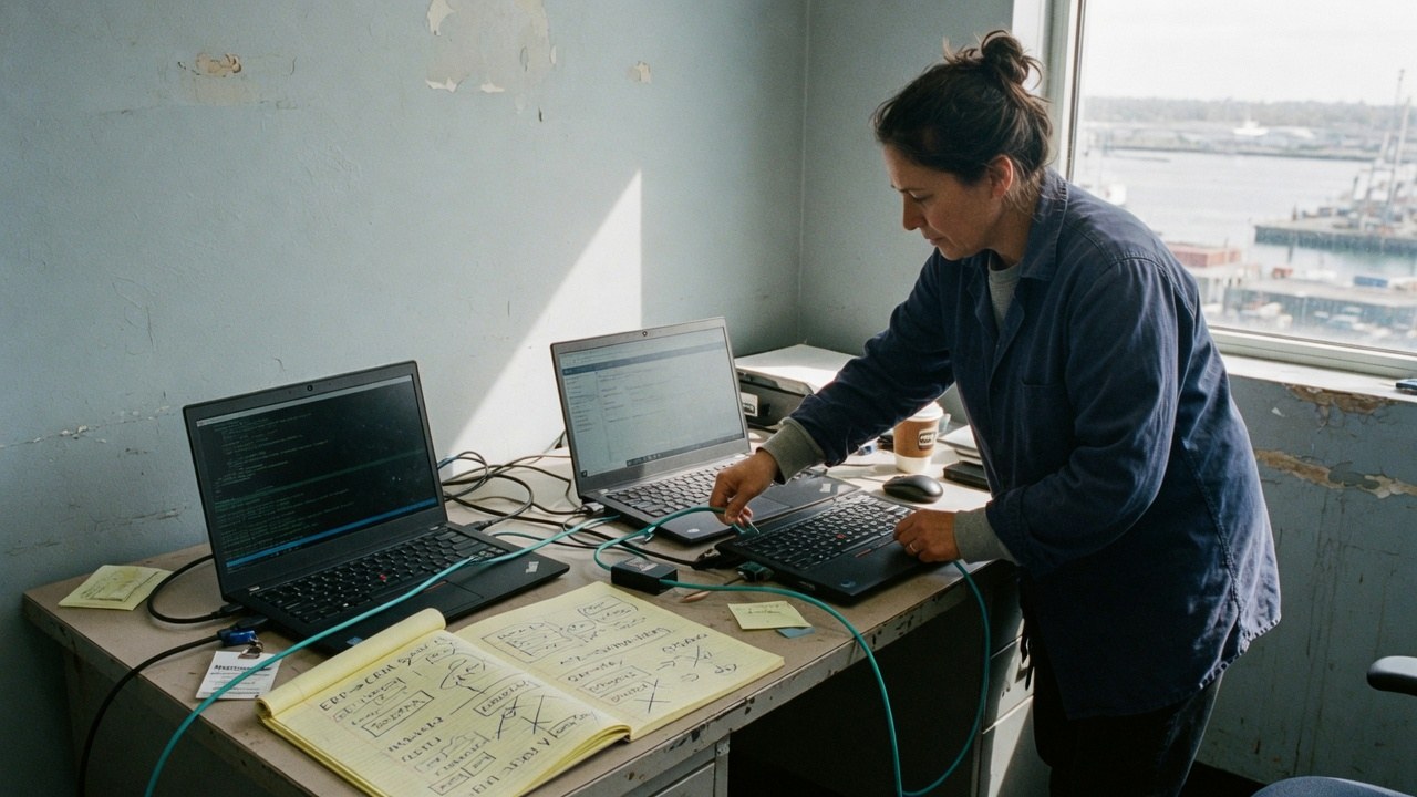 Team reviewing a connected-systems diagram on a large display in a bright office