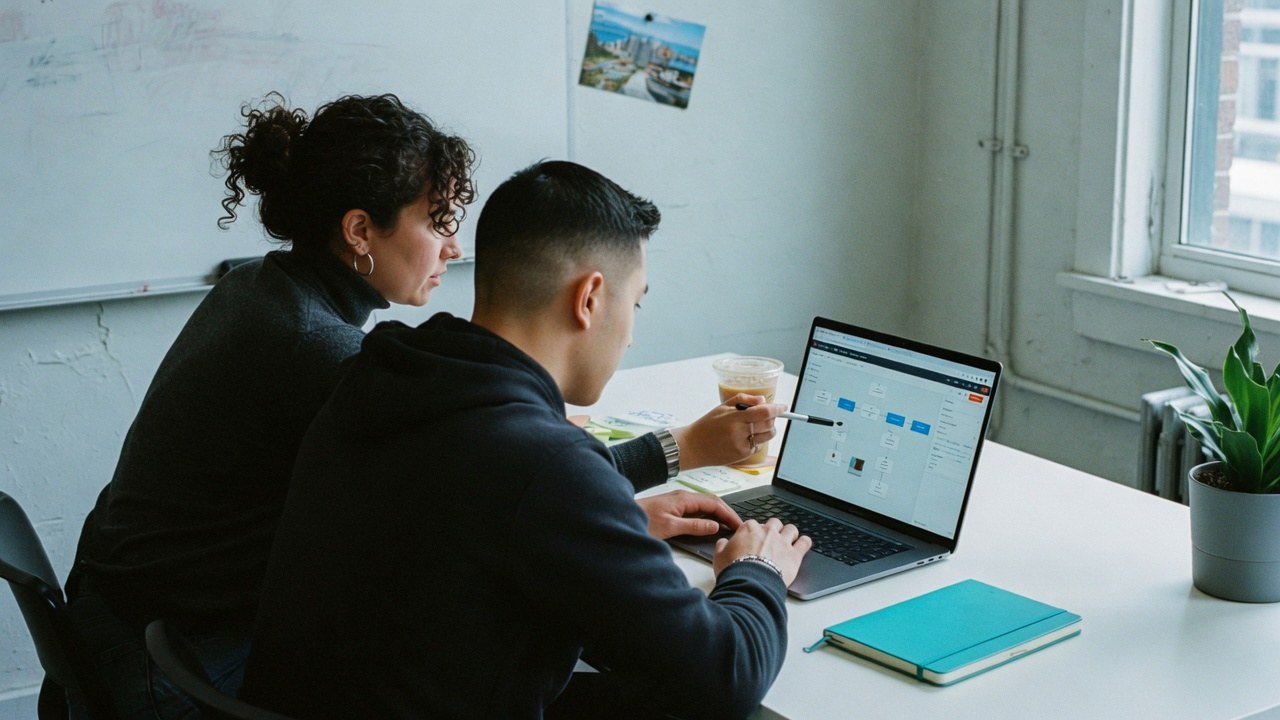 Marketer reviewing campaign dashboards at a standing desk in a bright office
