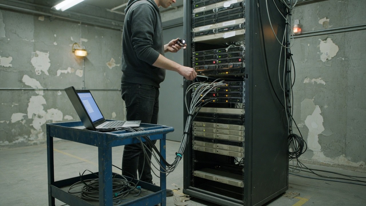 Engineer watching a calm uptime dashboard at a standing desk in a modern office