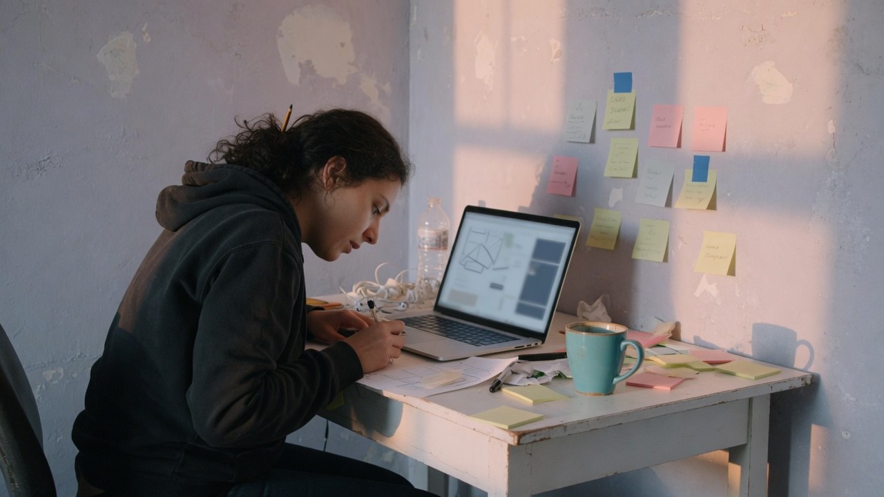 Founder sketching product screens next to a laptop in a modern office