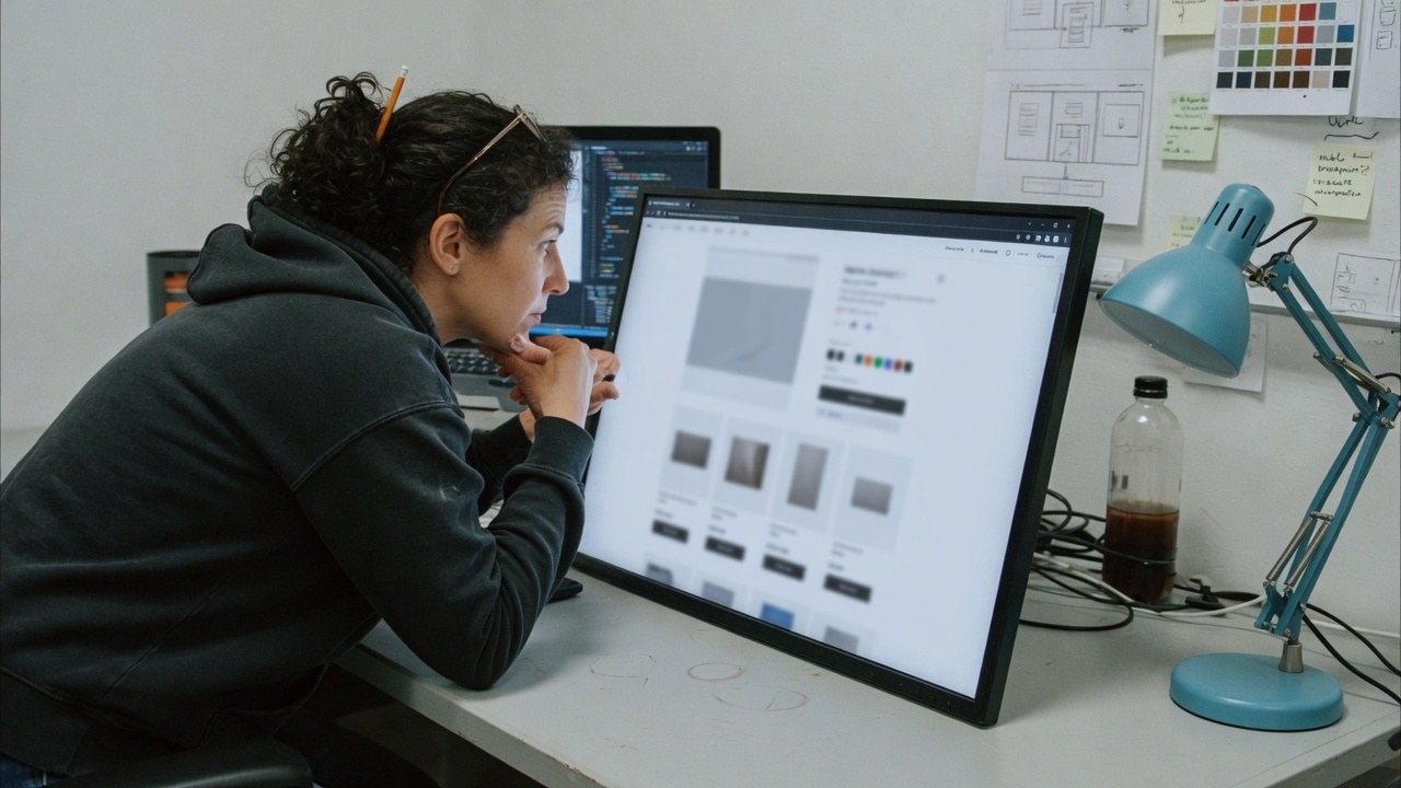 Operator reviewing an online store on a laptop beside a packed order in a modern office