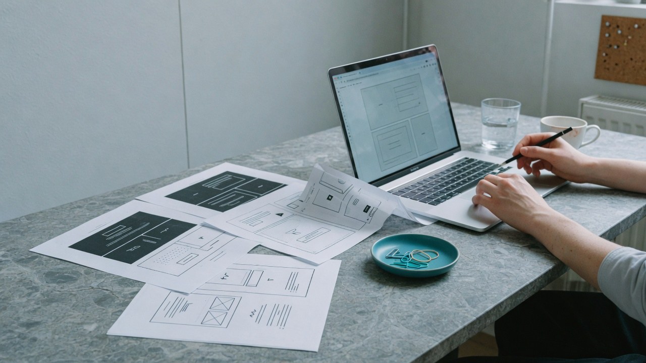 Designer reviewing a marketing website layout on a large display in a bright office