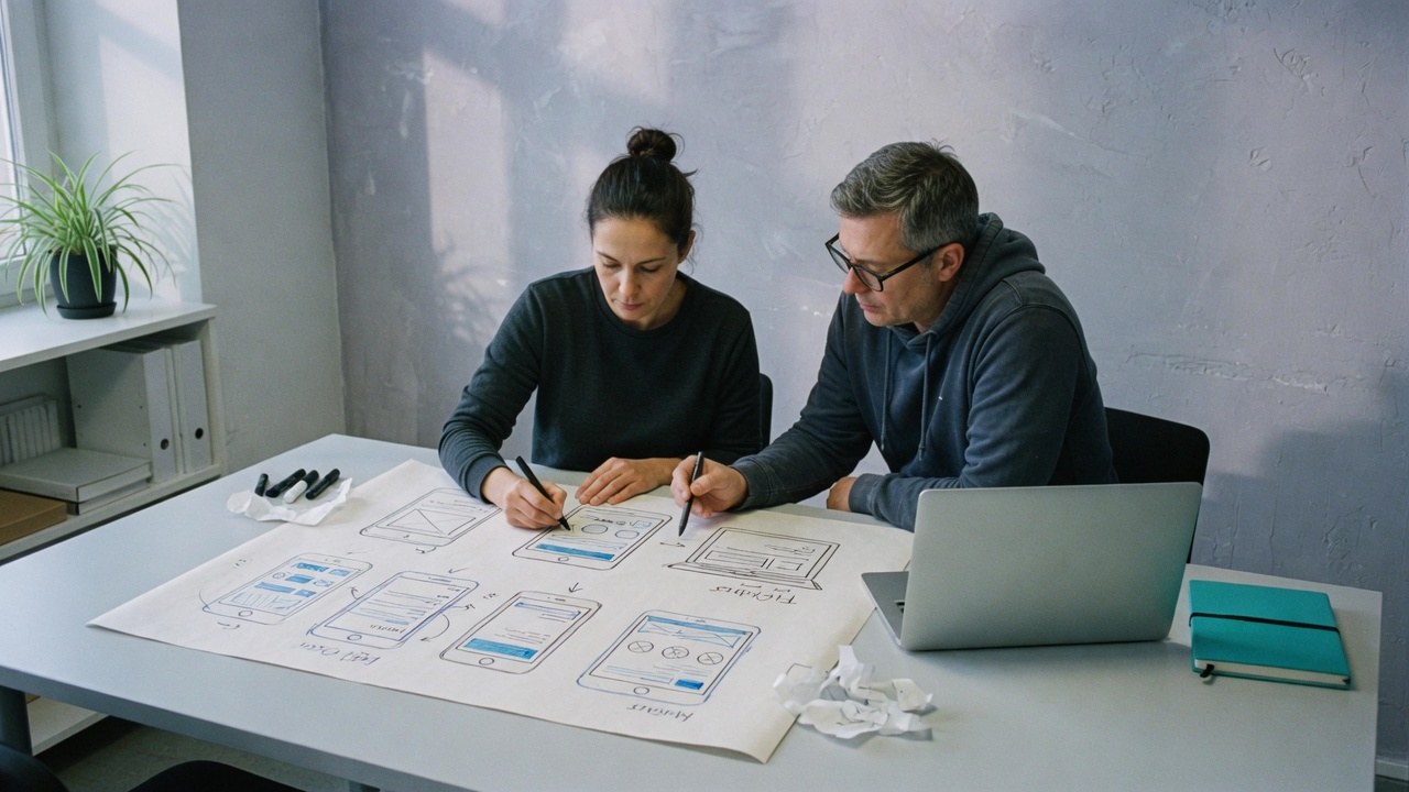 Founder and technical advisor planning side by side at an oak table in a modern office