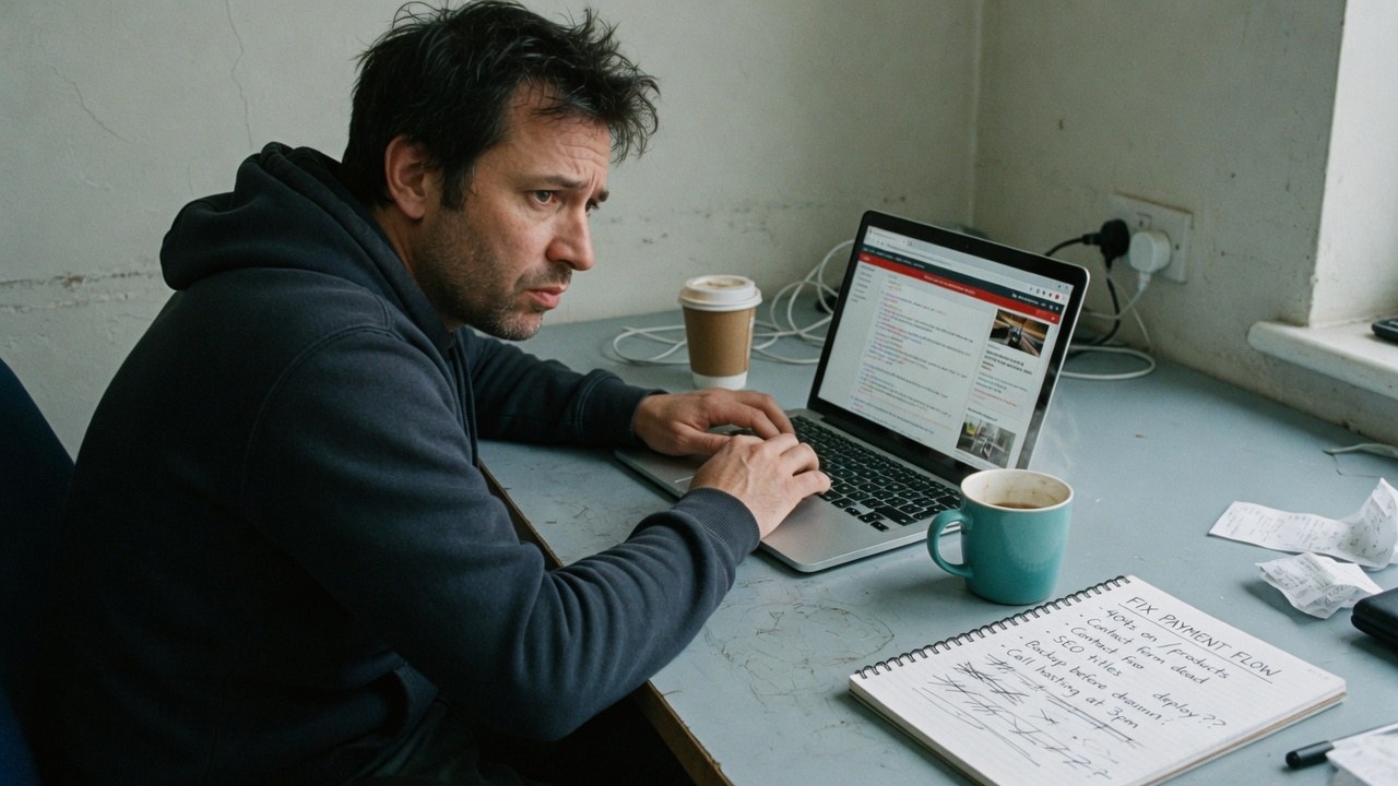Developer calmly reviewing a live website on a laptop in a bright office