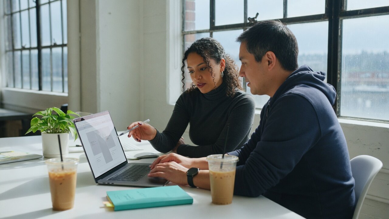 Two colleagues reviewing a website layout on a laptop in a bright Seattle office
