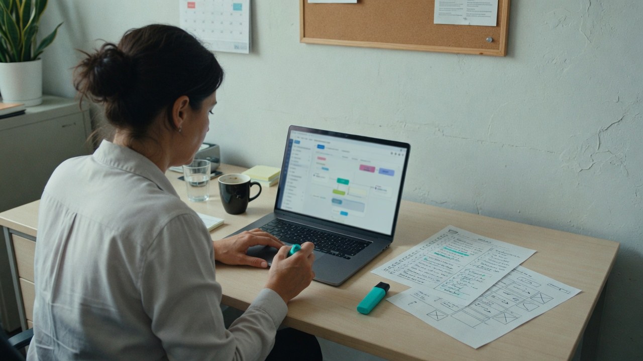 Two colleagues mapping a repeatable workflow on a tablet in a modern office